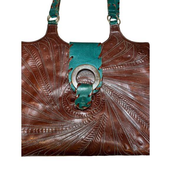 Leaders in Leather Hand-tooled Brown Leather Medium Sz Shoulder Satchel Handbag - Picture 2 of 8